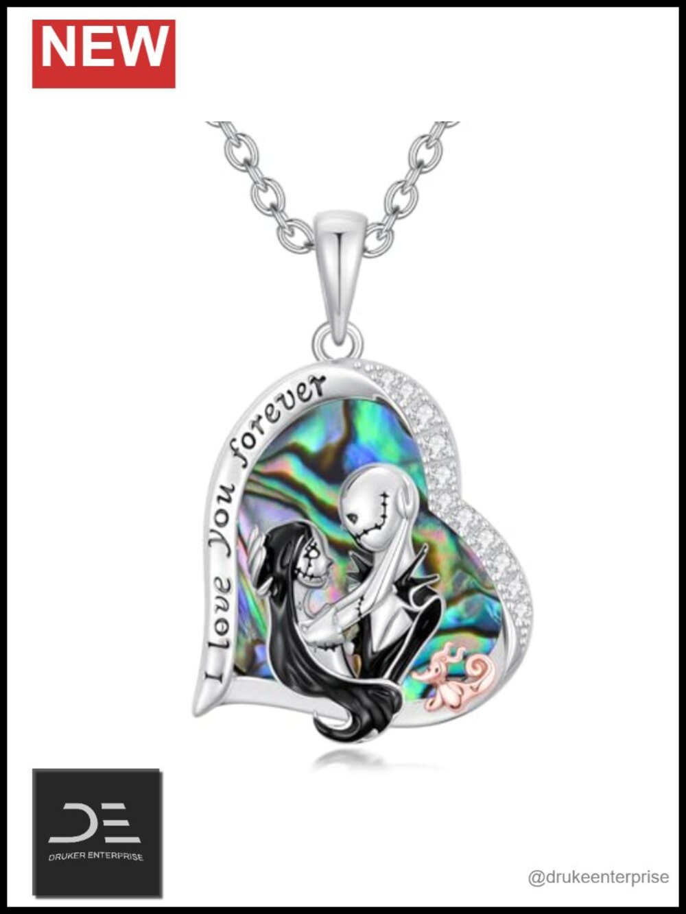 925 Sterling Silver Jack and Sally Necklace Gothic Skull Pendant Halloween